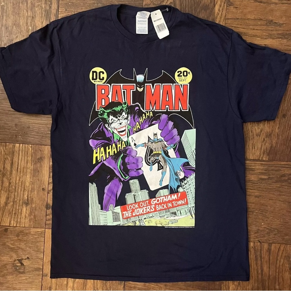 VINTAGE DC COMICS BATMAN "THE JOKER'S BACK‎ IN TOWN!" SHIRT SZ L DARK BLUE 19"